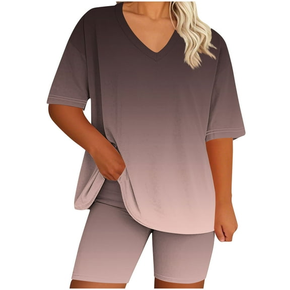 Travel Outfits for Women 2 Piece New Womens Plus Size Lounge Set 2 Piece Outfits Short Sleeve Tops Matching Shorts Summer Comfy Oversized Clothes Watermelon Red L