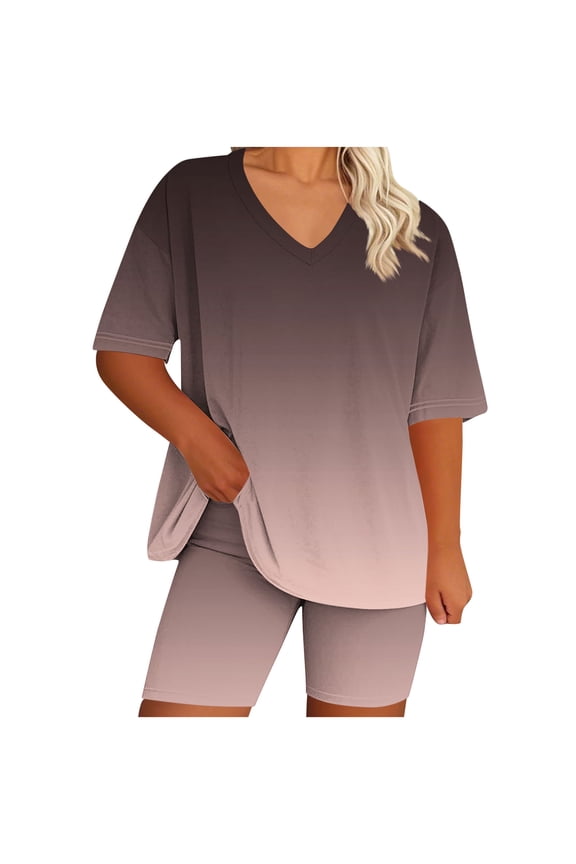 Travel Outfits for Women 2 Piece New Womens Plus Size Lounge Set 2 Piece Outfits Short Sleeve Tops Matching Shorts Summer Comfy Oversized Clothes Watermelon Red L