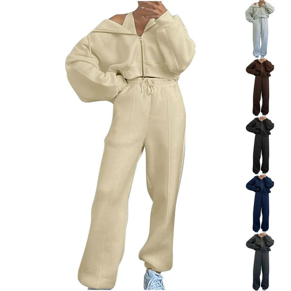 Travel Outfits for Women 2 Piece Sets Solid Color Zipper Round Neck Long Sleeved Hooded Sweatshirt Long Pants Set Plus Size Tracksuit Casual Outfit Beige XL