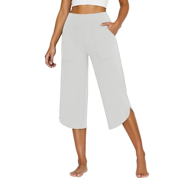 Travel Outfits Women Airport Summer Capris For Women Casual Wide Leg Yoga Pants Loose Stretch Capri Pants High Waisted Workout With Pockets Casual Dress for Summer Stripe Elderly Womens White S