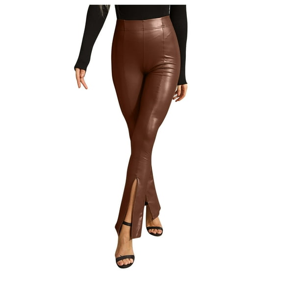 Travel Outfits Women Airport Women's Pu-leather Solid Color Trousers With Slit Legs And High Waist Pants Women Pants Casual plus Size Cropped for Casual Petite Womens Business Stretch Brown S