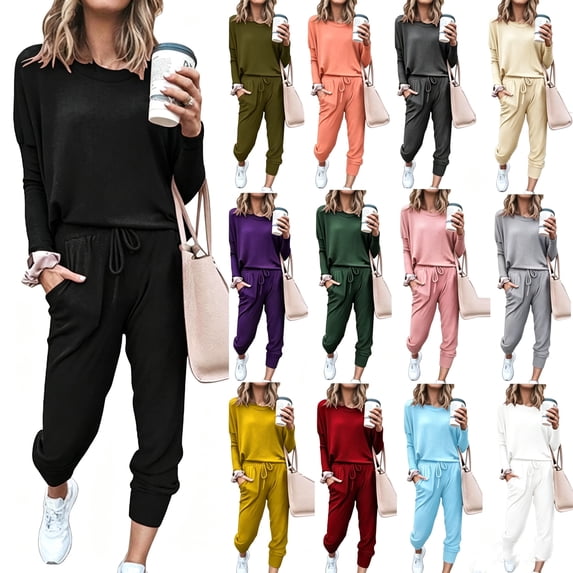 Travel Outfits for Women 2 Piece Sets Long Sleeve Crewneck Tops Drawstring Elastic Hems Jogger Pants Winter Matching Track Suits with Pockets