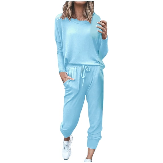 Travel Outfits for Women 2 Piece Sets Long Sleeve Crewneck Tops Drawstring Elastic Hems Jogger Pants Winter Matching Track Suits with Pockets