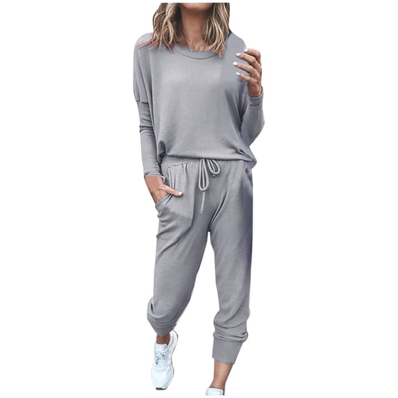 Travel Outfits for Women 2 Piece Sets Long Sleeve Crewneck Tops Drawstring Elastic Hems Jogger Pants Winter Matching Track Suits with Pockets
