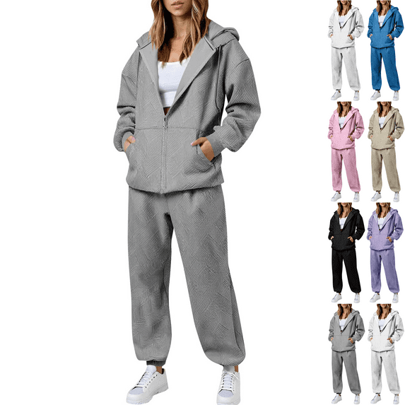 Travel Outfits for Women 2 Piece Sets Solid Color Zippered Cardigan Sweater Straight Leg Pants Set Plus Size Tracksuit Casual Outfit Gray S