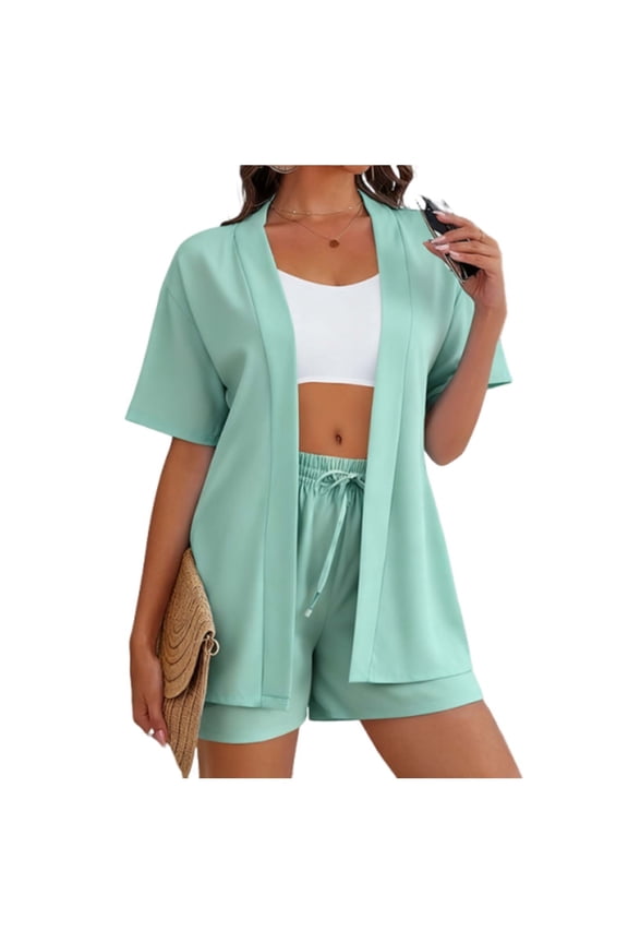 Travel Outfits for Women 2 Piece Short Sleeve Open Front Cardigan Top and Elastic Waist Drawstring trouser pant Sets (XL, Mint Green)