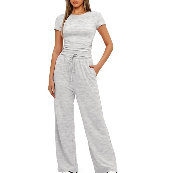 uublik Travel Outfits for Women Short Sleeve Blouse and Drawstring Wide Leg Pants Sets Gray, M