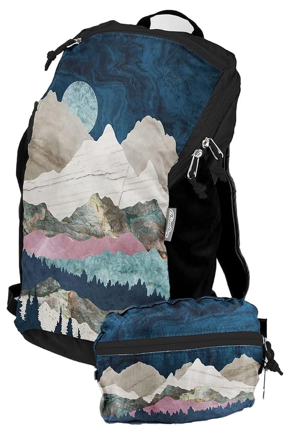 Travel Pack rePETe Recycled Backpack w/Built-In Pouch & Carabiner Clip | Perfect for Outdoor Activities | Eco-Conscious Packable Reusable Bookbag | Mountainscape (Pack of 1)