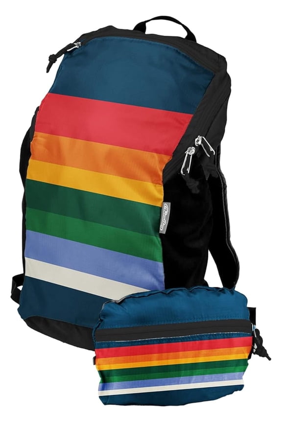 Travel Pack rePETe Recycled Backpack w/Built-In Pouch & Carabiner Clip | Perfect for Outdoor Activities | Eco-Conscious Packable Reusable Bookbag | Stripe (Pack of 1)