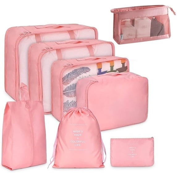 Travel Packing Cubes 8-Piece Set Foldable Lightweight Luggage Storage Bags with Handles, Versatile Tote Bag for Closet Organizers and Storage, Moving Hot Pink