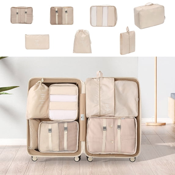 Travel Packing Cubes Organizer Set 7-Piece with Shoe Bag, Underwear Pouch & Laundry Drawstring Bag for Luggage Clothes Storage
