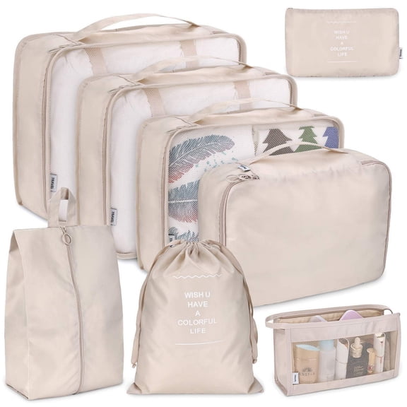 Travel Packing Cubes Set Seven Piece Luggage Organizer with Mesh Top Laundry Shoe Bag Toiletry Pouch for Suitcase Storage Solutions