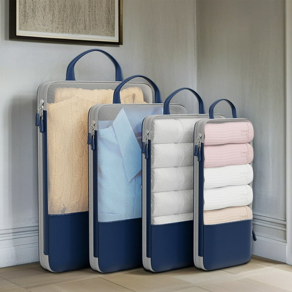 Travel Packing Cubes4PCS,Compression OrganizersNylon Set Saves Space, Reduces Wrinkles, Keeps Items Accessible For Frequent Flyers(Navy)