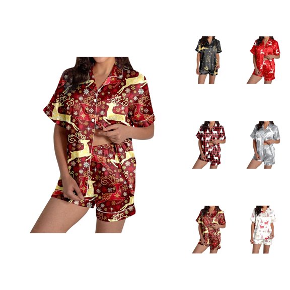 Travel Pajamas for Women – Cozy 2 Piece Pajama Shorts Set Women's Reindeer Print Short Sleeve & Shorts Pajama Set For Christmas