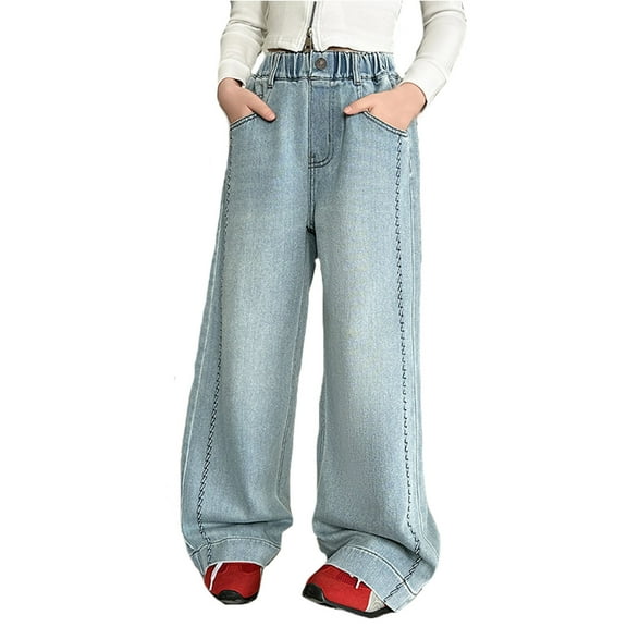 Travel Pants,Girls Fashion Cute Pants Elastic Waist Wide Leg Jeans Casual Denim With Pockets,Sweatpants,6-7 Years,Z02 Blue