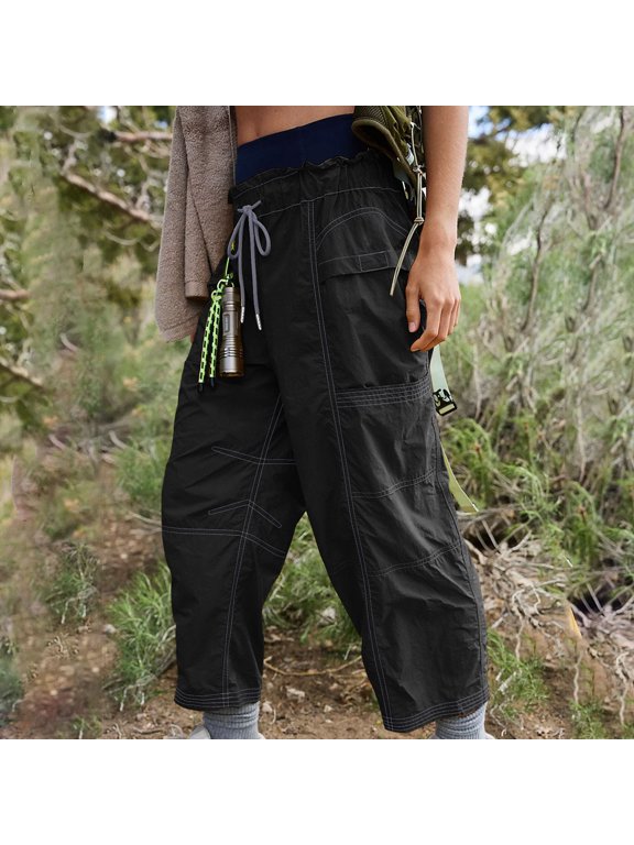 Travel Pants for Women Sevevn Ladies' Loose Strap Solid Pocket Elastic Waist Drawstring Drying Waterproof Outdoor Sports Hiking Workwear Cropped Pants Black L