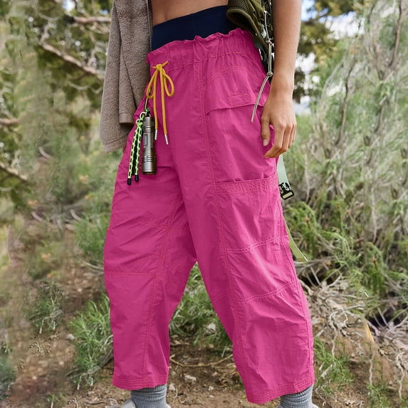 Travel Pants for Women Sevevn Ladies' Loose Strap Solid Pocket Elastic Waist Drawstring Drying Waterproof Outdoor Sports Hiking Workwear Cropped Pants Hot Pink S