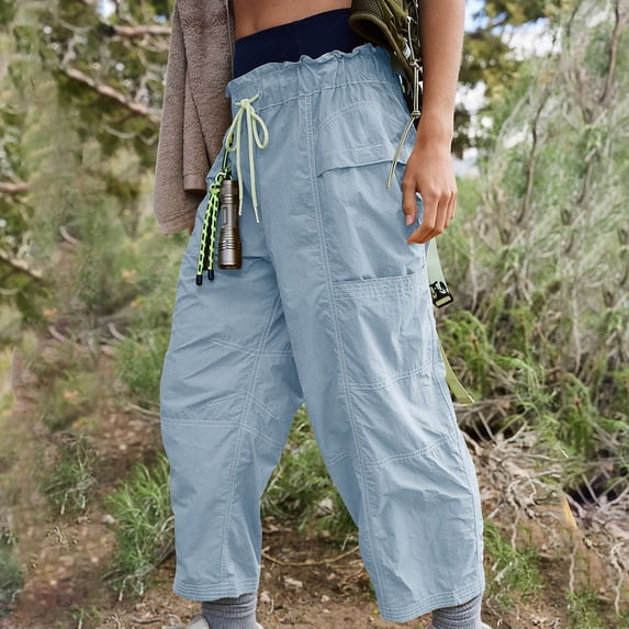 Travel Pants for Women Sevevn Ladies' Loose Strap Solid Pocket Elastic Waist Drawstring Drying Waterproof Outdoor Sports Hiking Workwear Cropped Pants Light Blue S
