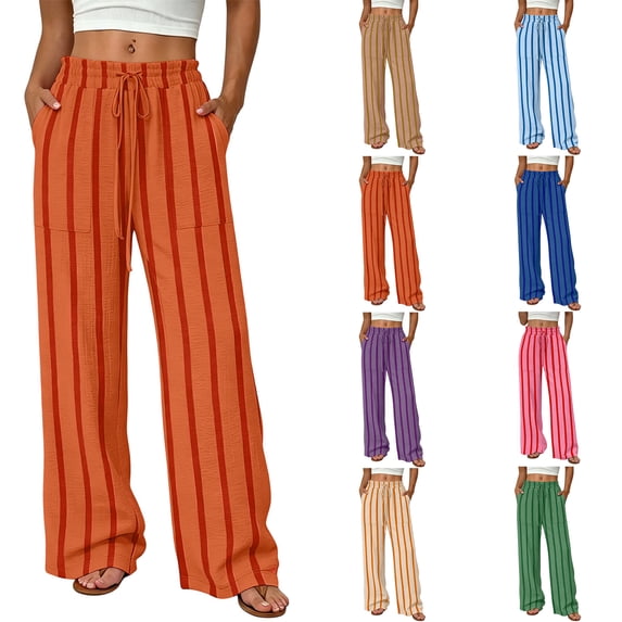 Travel Pants Women Zaewscy Women's Striped Ruffle Drawstring Casual Pants With Pockets Orange XXL