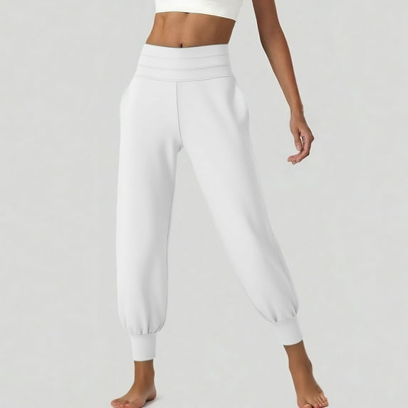 Travel Pants for Women Sevevn Solid Elastic Waist Pocket Cropped Pants Casual Stretchy Stylish Pants For Spring Summer Women's Clothing White S