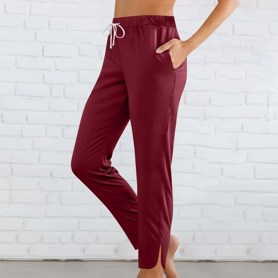 Travel Pants for Women Sevevn Women Fashion Solid Color Elastic Waist Sports Casual Full Length Pants Red S