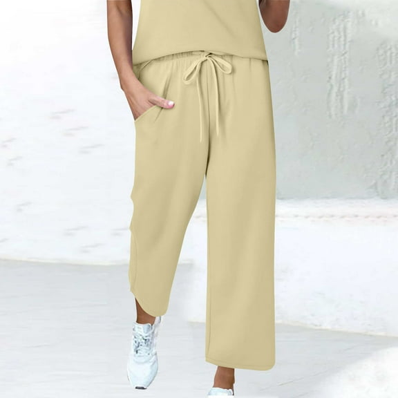 Travel Pants for Women Sevevn Women Fashion Solid Color Elastic Waist Sports Casual Pants With Side Pockets Beige XL