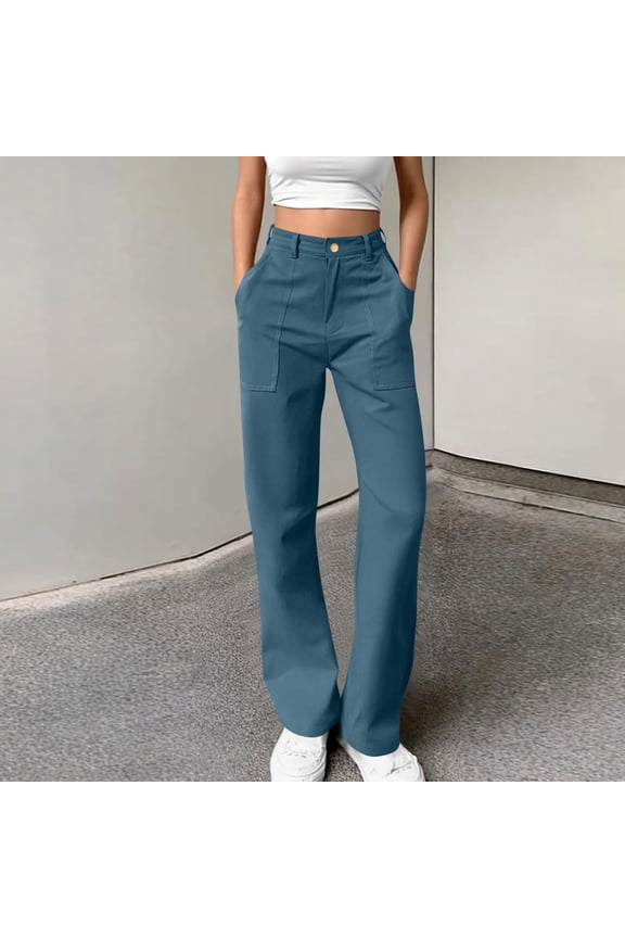 Travel Pants for Women Sevevn Women's Solid Color Button Loose Sports And Leisure Style Workwear Pocket Pants Navy S