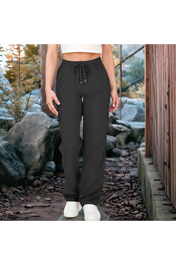 Travel Pants for Women Sevevn Women's Solid Color Pocket Elastic Waist Drawstring Sports And Leisure Style Pants Black S