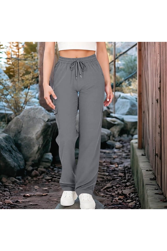 Travel Pants for Women Sevevn Women's Solid Color Pocket Elastic Waist Drawstring Sports And Leisure Style Pants Gray S