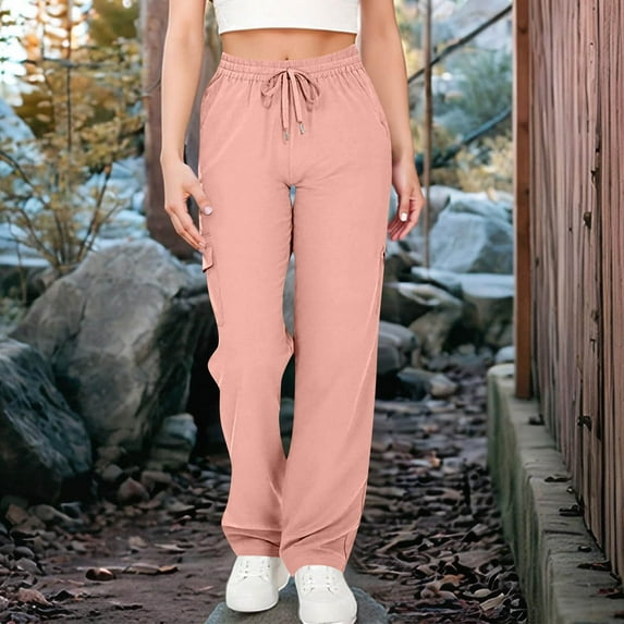 Travel Pants for Women Sevevn Women's Solid Color Pocket Elastic Waist Drawstring Sports And Leisure Style Pants Pink M