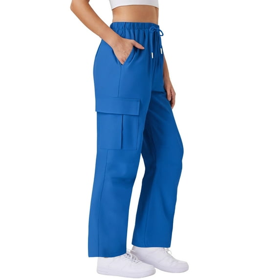 Travel Pants for Women Sevevn Womens Solid Color Elastic High Waist Drawstring Quickdrying Trousers Multi-pocket Casual Sports Pants Blue S