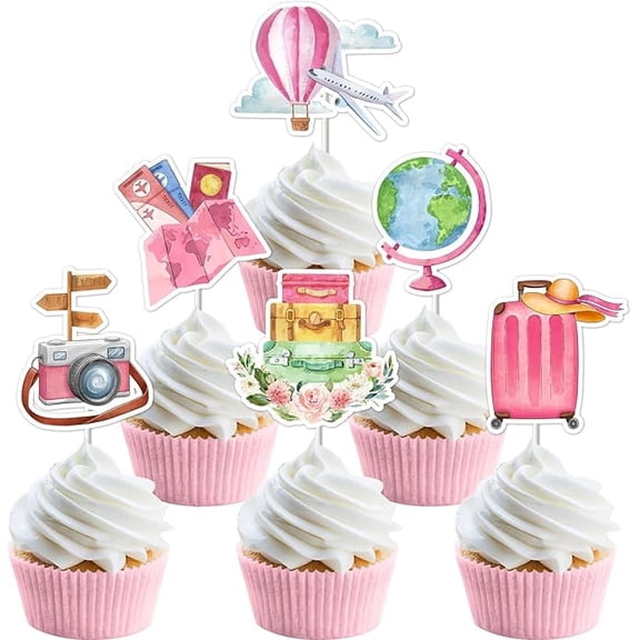 Travel Party Cupcake Toppers 24pcs Pink Let the Adventure Begin Cupcake Picks Travel Theme Birthday Party Supply Travel Around The World Cupcake Decorations for Bon Voyage Adventure Birthday