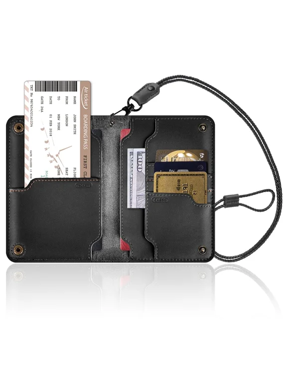 Travel Passport Holder - RFID Blocking Leather Wallet with Adjustable Neck Lanyard & Card Slots | TSA Approved Document Organizer for Men Women