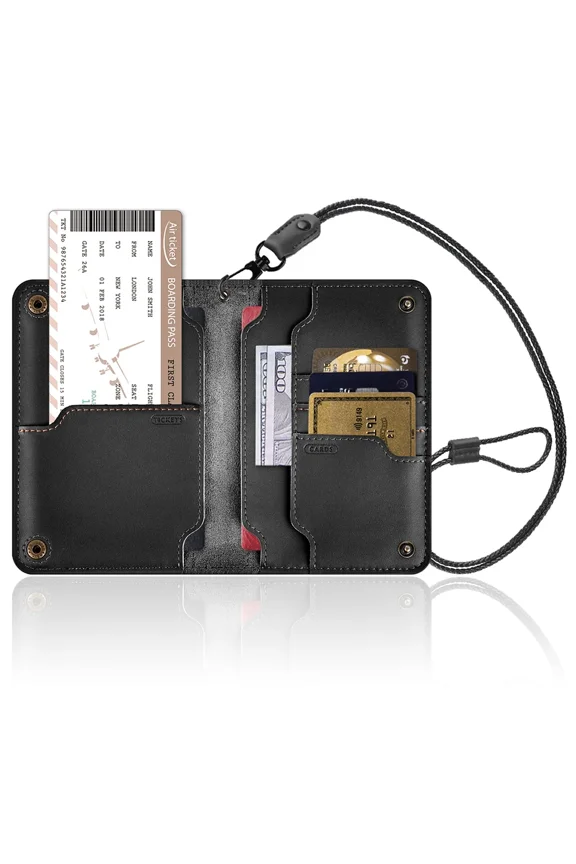 Travel Passport Holder - RFID Blocking Leather Wallet with Adjustable Neck Lanyard & Card Slots | TSA Approved Document Organizer for Men Women