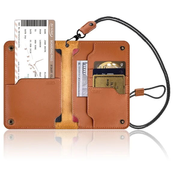 Travel Passport Holder - RFID Blocking Leather Wallet with Adjustable Neck Lanyard & Card Slots | TSA Approved Document Organizer for Men Women