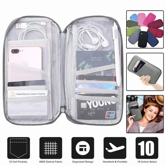 Travel Passport Wallet with 12 Card Slots - Waterproof Document Organizer Holder for ID, Credit Cards, Tickets, Phone & Essentials - Secure RFID Blocking Family Travel Pouch