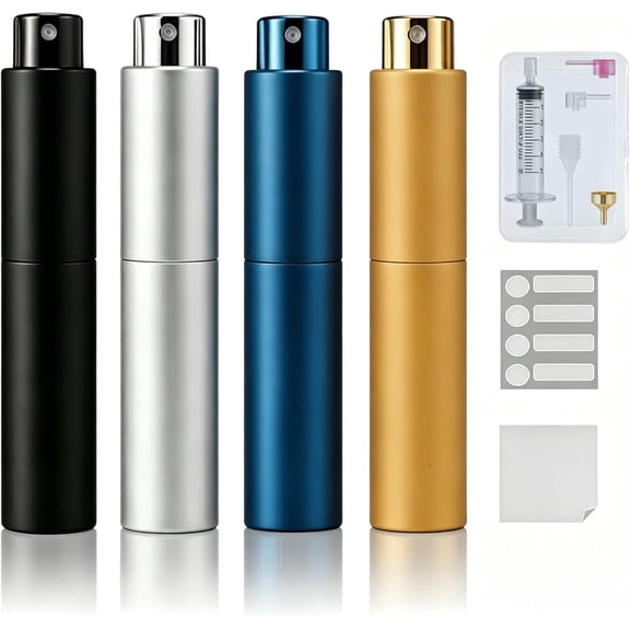 Travel Perfume Bottle 4 Pack 10ml Refillable Atomizer, Twist-Up Leakproof Spray for Cologne Essential Oils, Black Silver Blue Gold