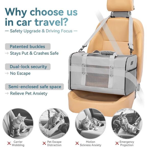Travel Pet Carrier for Large Cats (up to 20 lbs), Soft-Sided Dog Car Travel Carrier with Patented Buckle and Soft Padding, Ideal for Car Road Trips,19X12X12 Inch,Grey