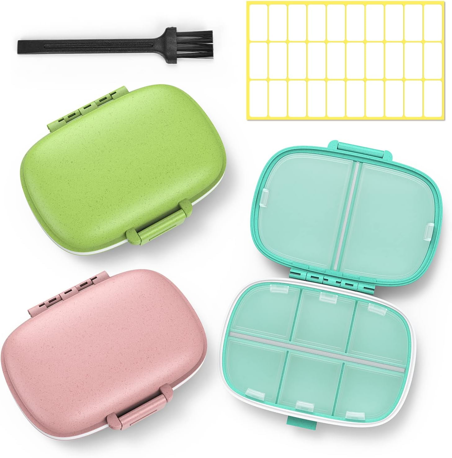 Travel Pill Box - 8 Compartments (3 Pack, Pink+Blue+Green)