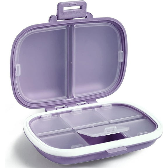 Travel Pill Organizer with 8 Compartments - Portable Daily Medication Case with Double Lock Design - Compact Pill Box for Purse or Pocket - Durable Plastic Container with Labels for Organization