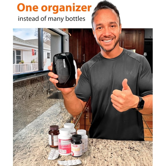 Travel Pill Organizer - Airtight Medicine Case for Traveling Portable Pharmacy Box with Labels Vitamin Container 8 Compartment Supplement Medication Holder Large Capacity Daily (Black)