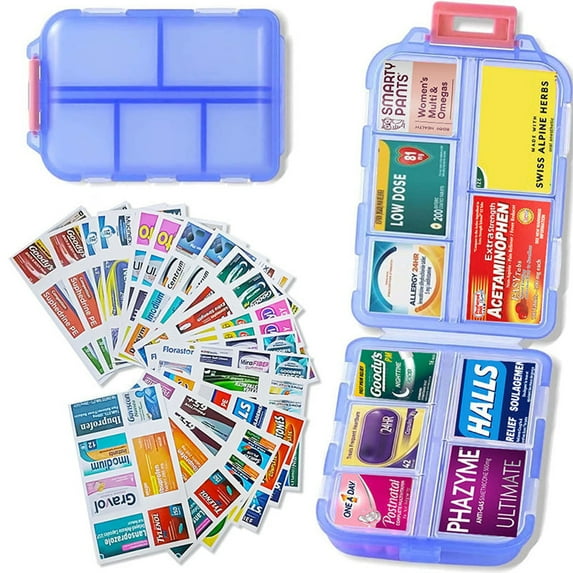 Travel Pill Organizer Box 147 Labels Blue, Organizer With Labels Travel Daily, Home and Kitchen, 1 Travel Pill Organizer Box, 147 Labels, By Relocy