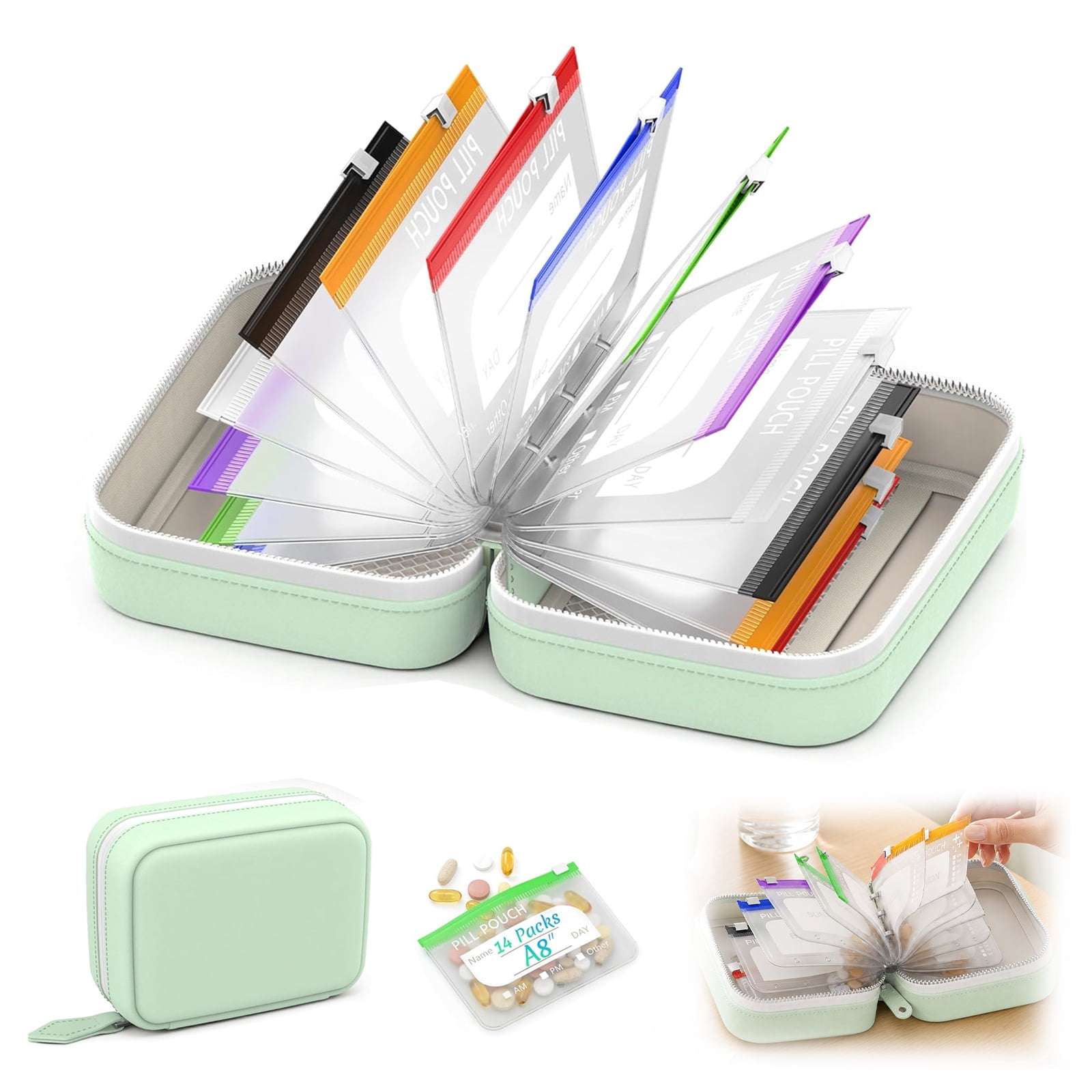 Travel Pill Organizer, Waterproof Pill Pouch Set for Medicine, 14 Color-Coded Pouches
