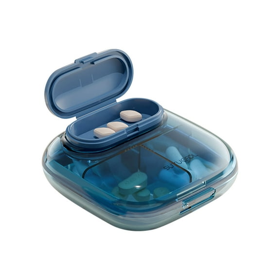 Travel Pill Organizer, Weekly Pill Box, Portable Pill Dispenser, Large Daily Pill Case for Vitamin, Medicine, Fish Oil/Supplements Flip Design 4 Compartments (Blue)