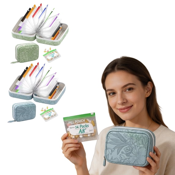 Travel Pill Organizer with 14 Clear Zipper Pouches and Color-Coded Labels, Blue Floral Hard Shell Case, for Daily and Vitamin Storage