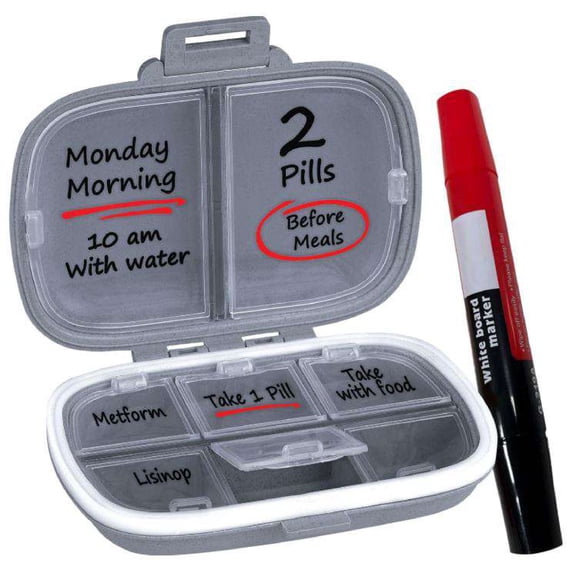 Travel Pill Organizer with Marker (Grey) Medicine Holder Gray Case