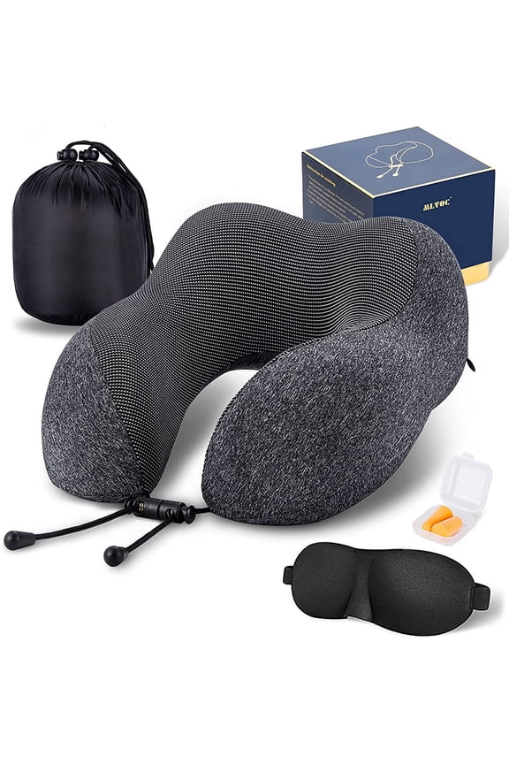Travel Pillow 100% Pure Memory Foam Neck Pillow, Comfortable & Breathable Cover, Machine Washable, Airplane Travel Kit with 3D Contoured Eye Masks, Earplugs, and Bag