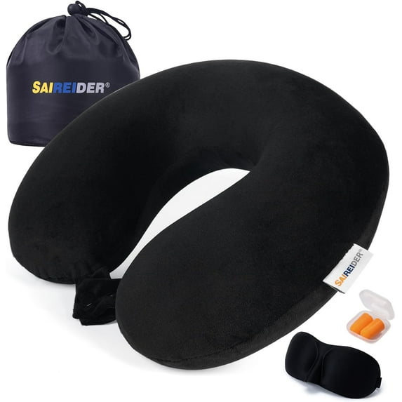 Travel Pillow 100% Pure Memory Foam Travel Neck Pillow, Airplane Pillow for Traveling、Car、Home、Office,Washable Cover(Black)