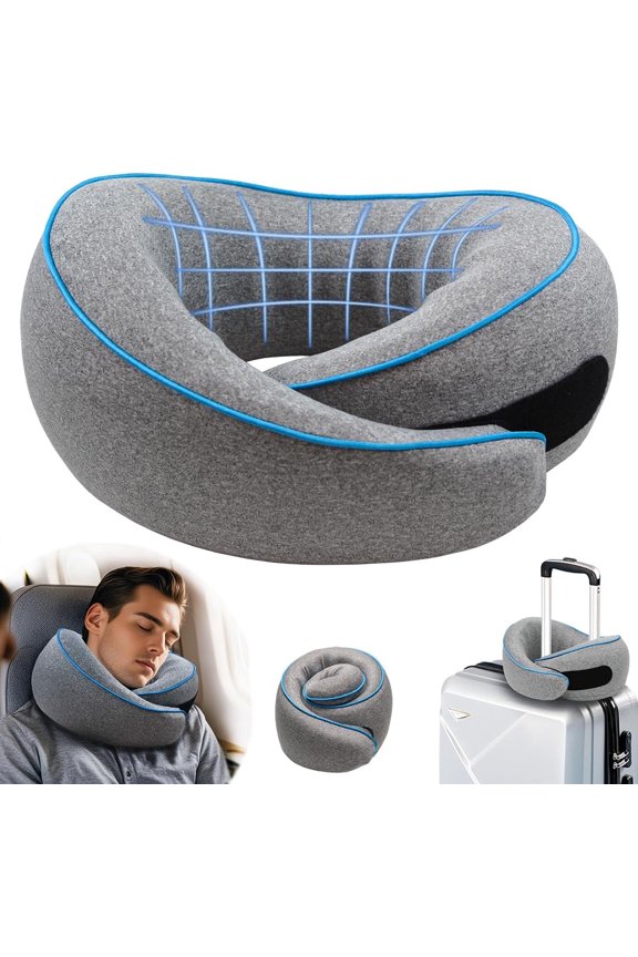 Travel Pillow, 360° Support Stowable Pillow, High Resilience Memory Foam Travel Pillow Travel Neck Pillow for Airplanes, Offices and Cars, Gray with Black Trim