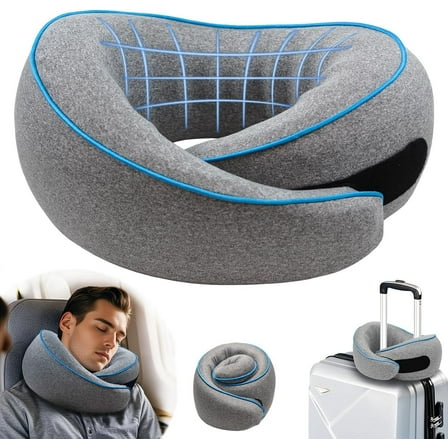 Travel Pillow, 360° Support Stowable Pillow, High Resilience Memory Foam Travel Pillow Travel Neck Pillow for Airplanes, Offices and Cars, Gray with Blue Trim